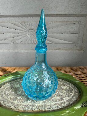 Vintage MCM Small Empoli Art Glass Bottle Turquoise Blue Hobnail 7"